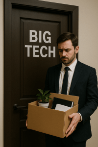 Man holding a cardboard box after layoff, standing in front of a door labeled BIG TECH