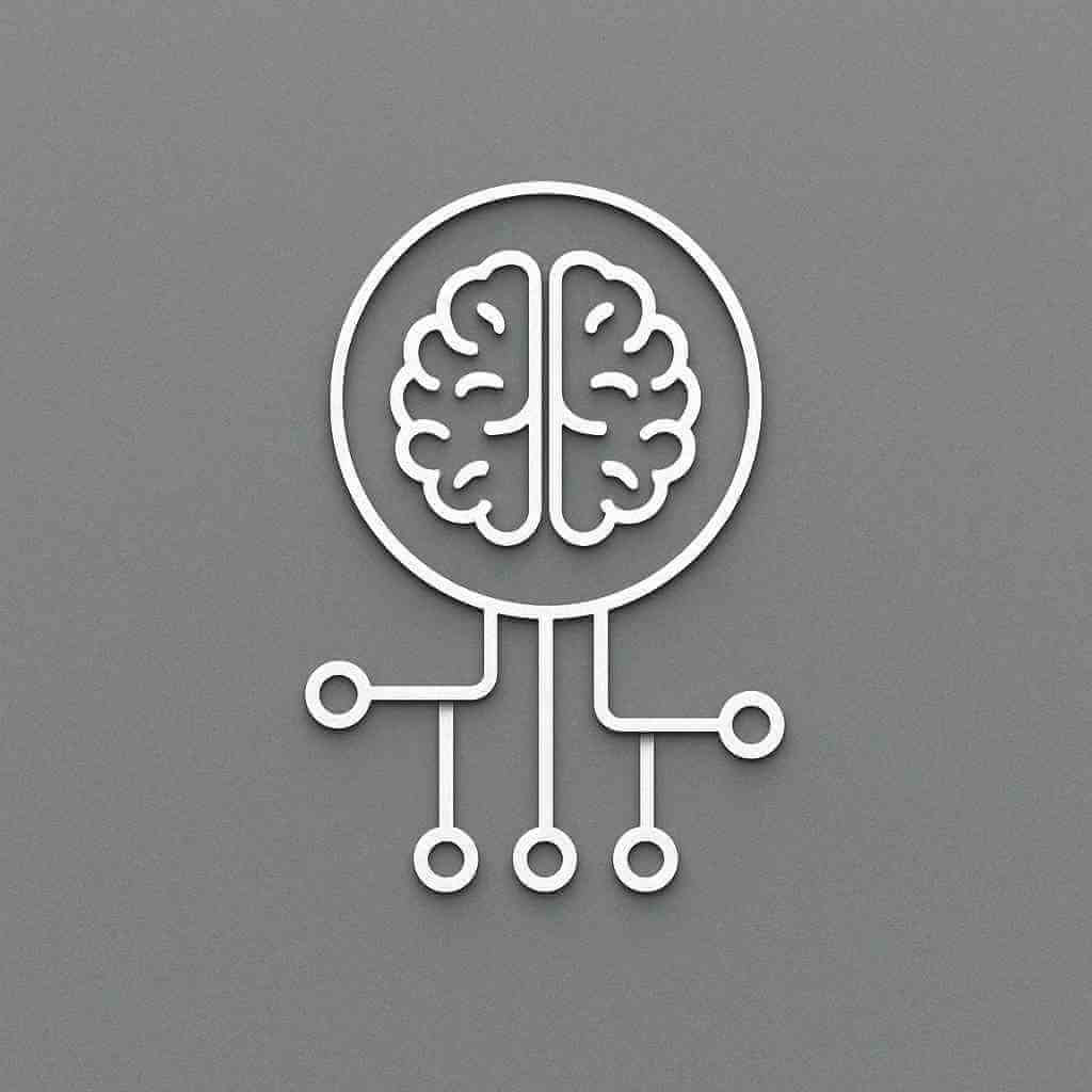 Minimalist illustration of a brain connected to circuit lines, symbolizing artificial intelligence and digital creativity.