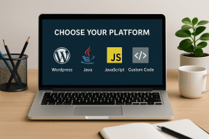 Laptop screen showing WordPress, Java, JavaScript, and Custom Code icons with the title “Choose Your Platform” – ideal for small business website decisions