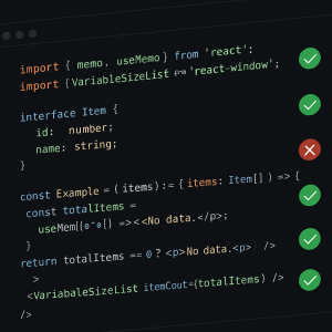Dark-themed code editor showing JavaScript and React code on screen