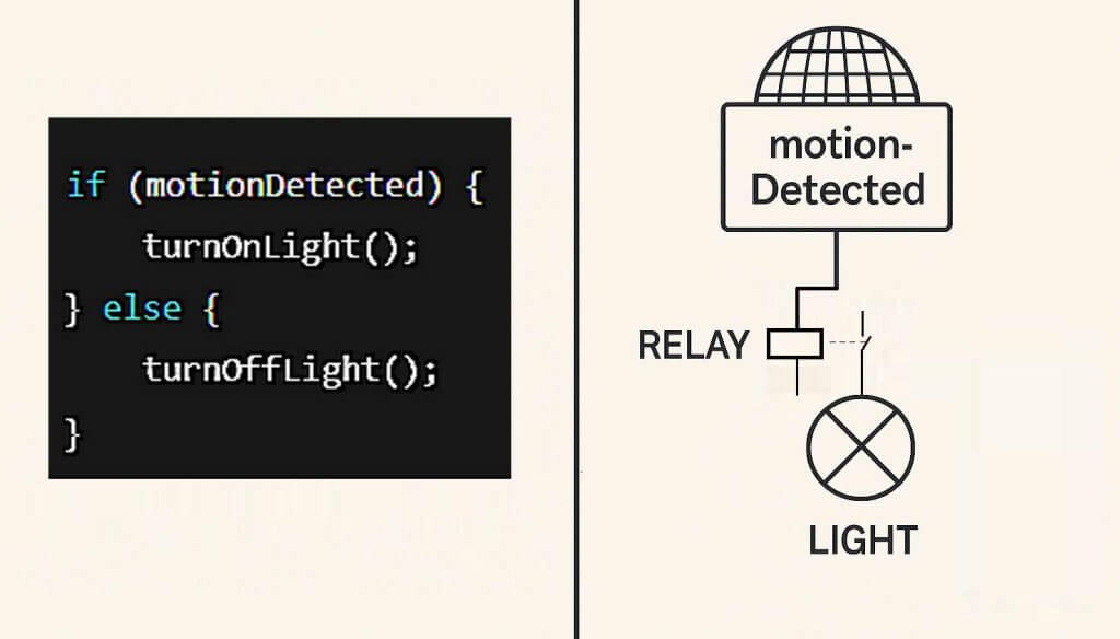 A side-by-side diagram comparing programming if-else logic with a motion sensor circuit using a relay and a lamp