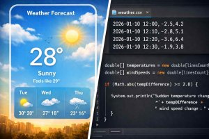 Split-screen showing a sunny weather forecast app on the left and Java code analyzing weather data on the right.