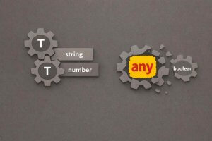 Abstract illustration of the TypeScript type system with gears, where a highlighted "any" breaks the structure, symbolizing common TypeScript anti-patterns